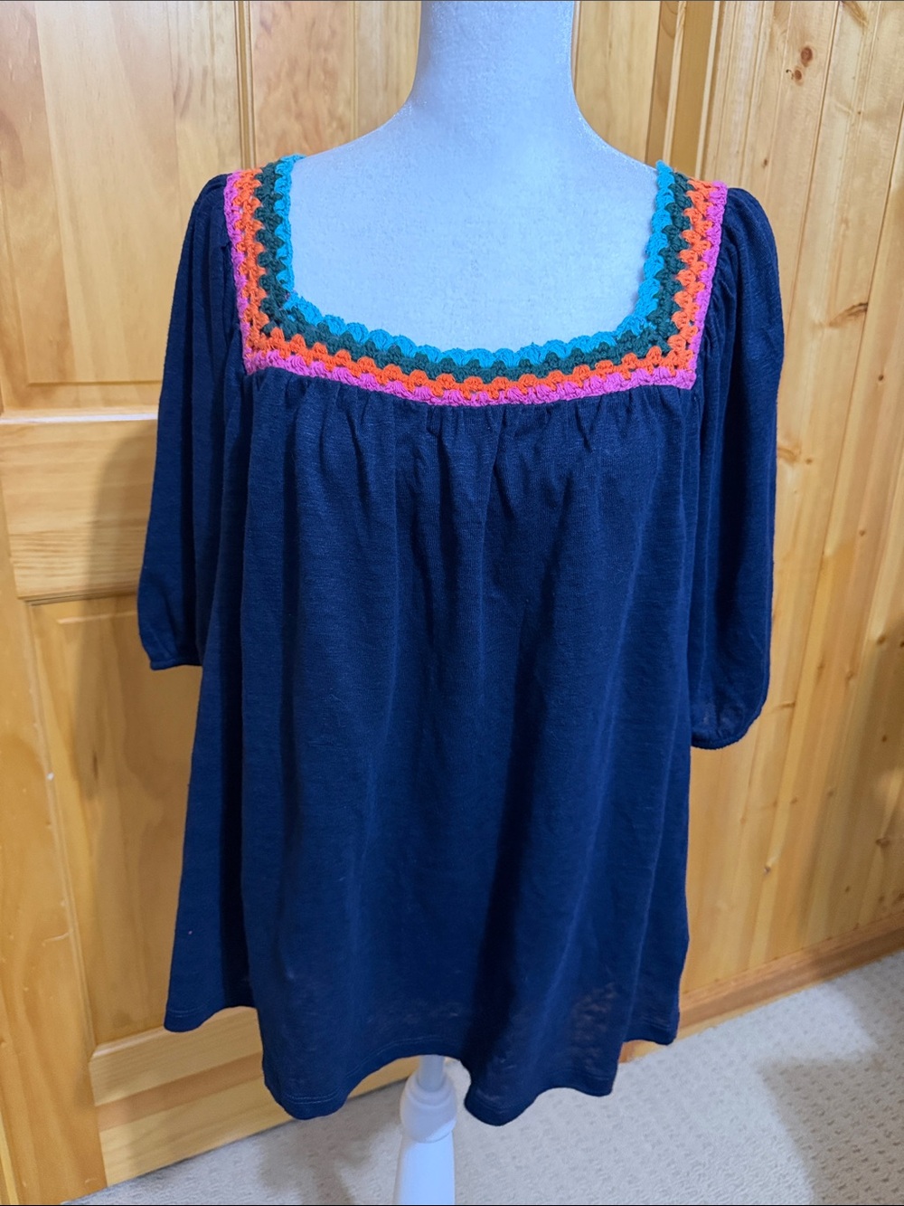 Boden Navy Peasant Tunic with Crochet Trim, Shirt Pouf Sleeve, Size 6. NWT